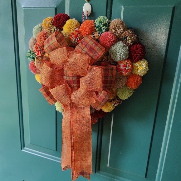 Handmade Boho Fall Colors Heart Pom Pom Door / Wall Wreath - Picture 2 of 6
